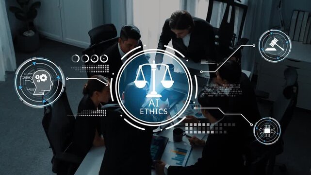 A dynamic business meeting showcases professionals collaborating on ethics in AI, with digital symbols representing law and justice, emphasizing corporate responsibility. Raster