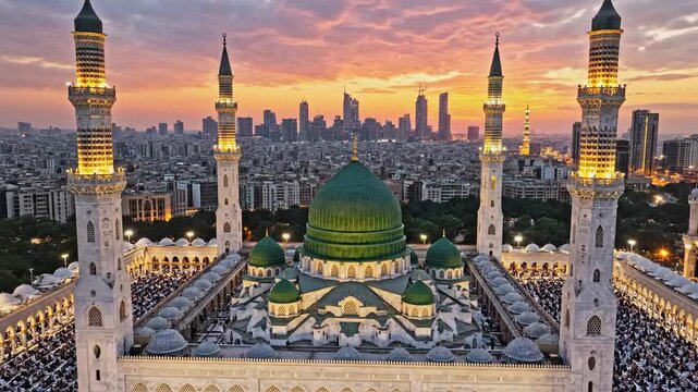 Majestic aerial view of the Prophet's Mosque Green Dome and minarets illuminated at sunset over the Medina city skyline. Use for Islamic travel films.