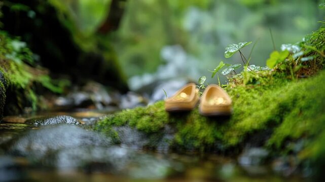 Cozy moccasins resting on lush moss by gentle stream in a serene forest setting