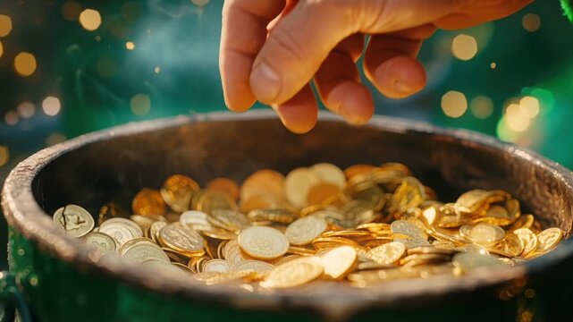 Hand collecting and dropping gold coins into rustic wooden bowl with glowing bokeh effect