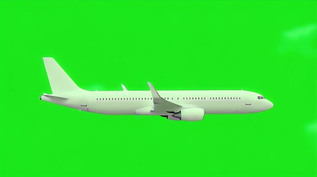 A realistic white passenger jet airplane is shown flying smoothly across a vibrant green screen background ready for compositing work and visual effects integration projects.