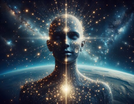 Abstract depiction of a cosmic being or enlightened individual with intricate light patterns across body, set against a universe backdrop