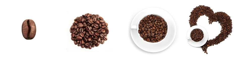 Coffee collage. Coffee beans in a Cup. Heart made of coffee beans. Coffee bean from the top. High quality photo