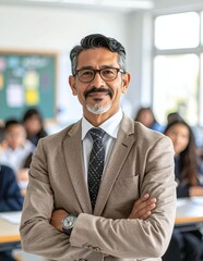 Fototapeta premium Confident Male Teacher Smiling in Classroom.