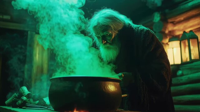 Mystical wizard brews potion in smoky cauldron under enchanting night