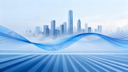 Fototapeta premium Abstract cityscape with flowing blue waves and modern skyscrapers in the background