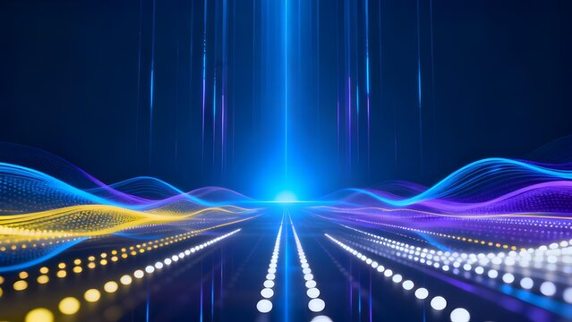 Abstract digital landscape with glowing waves and light trails converging toward a bright central point