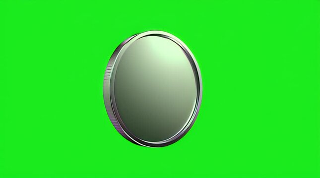 Blank silver coin mockup rotates slowly showing a smooth reflective surface ideal for finance or gaming overlays against a vibrant chroma key green screen background transition element