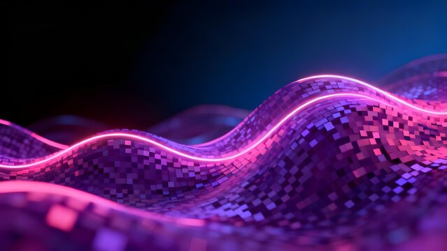 Abstract digital wave with glowing pink and purple patterns on a dark background