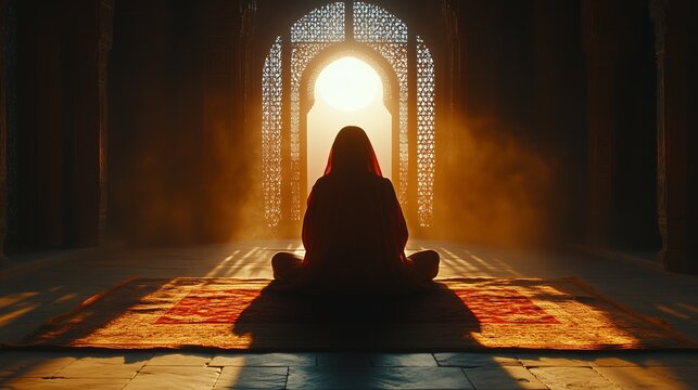 Serene prayer moment on carpet with glowing crescent, beautiful mosque interior for Ramadan posters and banners