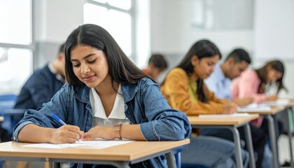 Fototapeta premium Focused female student taking exam in classroom, surrounded by peers, demonstrating concentration and academic effort.