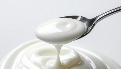 Macro of spoon with thick yogurt