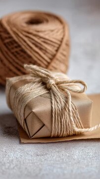 Crafting gift wrapping: hands tying twine on brown paper package with jute ball