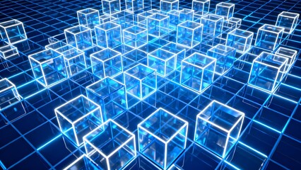 Obraz premium Digital grid of glowing blue transparent cubes on a futuristic technological background