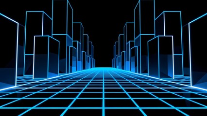 Naklejka premium Neon blue grid pathway leading through a futuristic cityscape of glowing geometric buildings