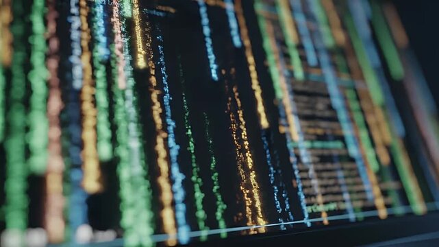 A video showcasing lines of code on a computer screen in a dark environment