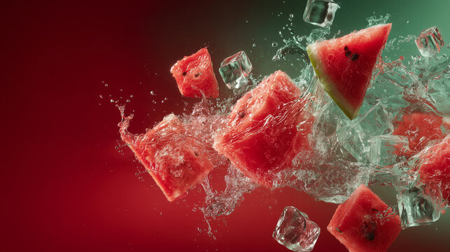 Summer fruit refreshment concept: watermelon chunks and sparkling splash for beverage promotions