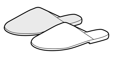 Slide slipper shoe women sketch pair. Closed toe house sandal for home lounge cozy outfit. Technical fashion illustration CAD mockup vector man unisex isolated classic style. © Vectoressa