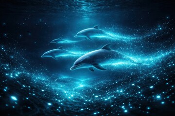 Naklejka premium Dolphins Swimming Through Glowing Blue Water in an Underwater Scene With Light Effects and Motion Captured During Night