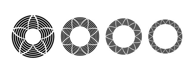 Set of round frames with triangular striped ornament in African or Mexican style isolated on white background. Circular design elements with flower streaky motif. Vector graphic illustration. © vikusha_art