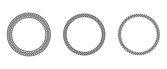 Set of round frames with black and white chequered borders print. Vignettes for picture or photo with rally flag or chess board pattern. Circular geometric frameworks. Vector graphic illistration © Andrii