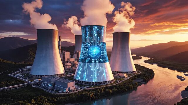 Global energy transition: Digital circuit pattern on a nuclear cooling tower at sunset, illustrating smart power generation and future technology concepts.