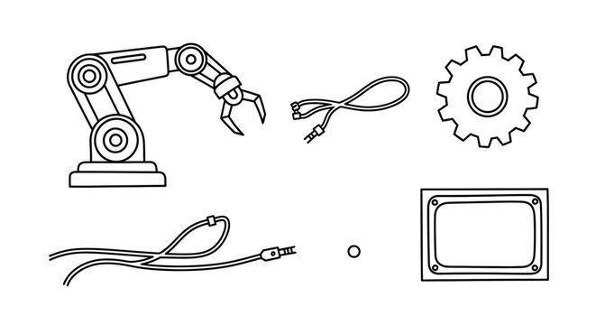 Industrial Robotic Arm and Electronic Components Line Art.