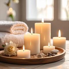Spa Still Life with Candles and Towels for Relaxation and Wellness.
