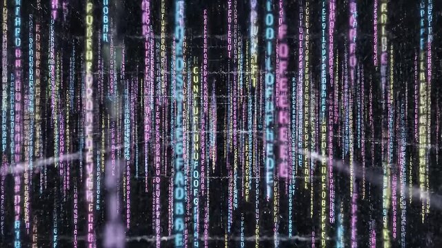 A video showcasing a vibrant digital code matrix in motion