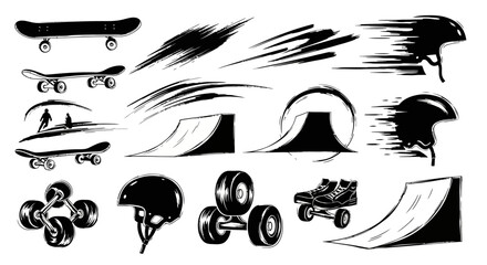 Monochrome grunge sketch collection of skateboarding and rollerblading equipment. © Dika