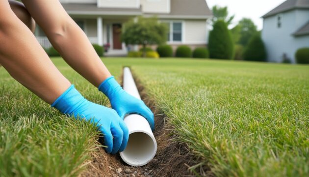 Hands in blue gloves placing a drainage pipe into a trench in a grassy front yard.