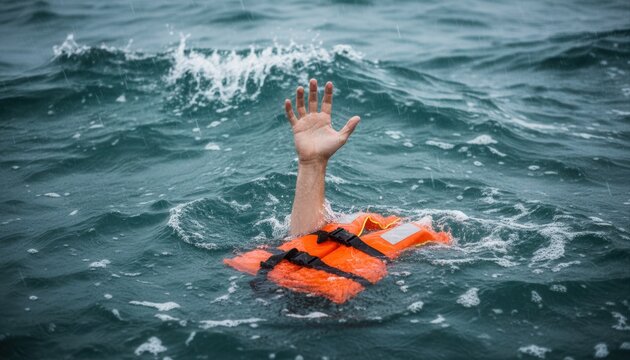 A person wearing a bright orange life vest struggles in rough, stormy dark water, raising a hand in distress.
