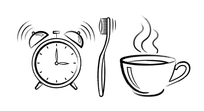 Morning routine essentials sketch with alarm clock toothbrush and coffee cup.