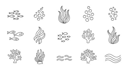Oceanic life forms and underwater elements line art collection. © Dika