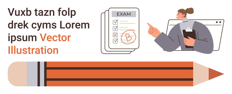 Education, academic results, online learning, teaching, exams, grading. Teacher pointing to exam paper with a grade B. Education and academic result highlighted