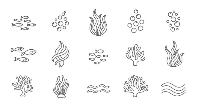 Oceanic life forms and underwater elements line art collection.