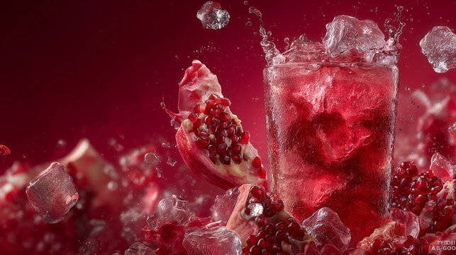 Refreshing pomegranate cocktail with ice splash and ruby seeds, perfect for premium bar promotions and menus.