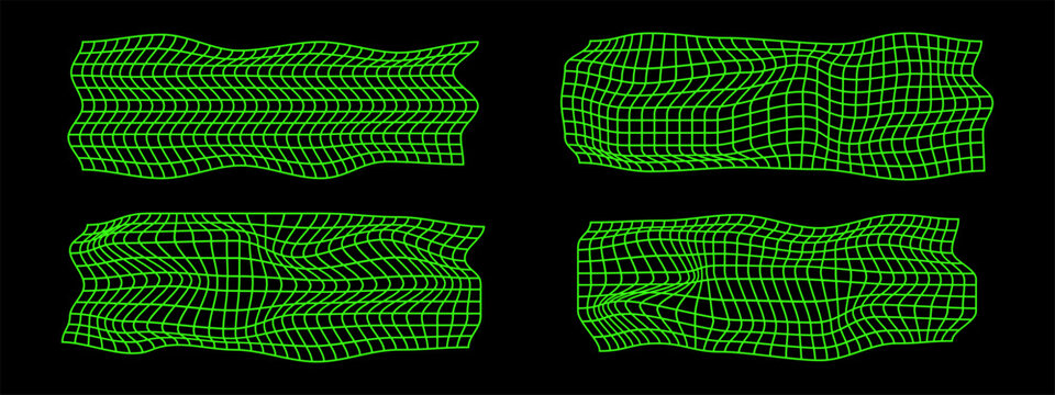 Set of distorted green neon grid textures. Mesh warp in techno, futuristic or cyberpunk style. Net surfaces with deformation effect. Bented lattice isolated on black background. Vector illustration