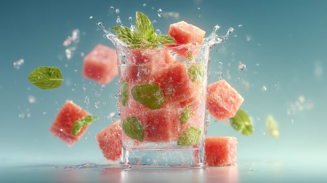 Summer fruit refreshment concept: watermelon chunks, mint, and sparkling splash for beverage promotions.