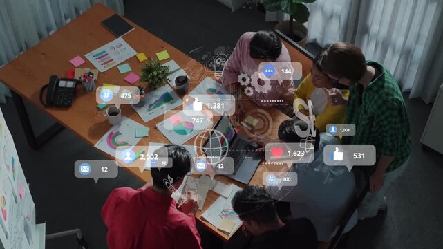 A vibrant team collaborates in a modern office, engaging in brainstorming sessions while social media overlays highlight digital connections and interactions. Raster
