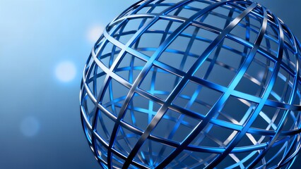 Blue metallic wireframe sphere with grid pattern against a soft blue background