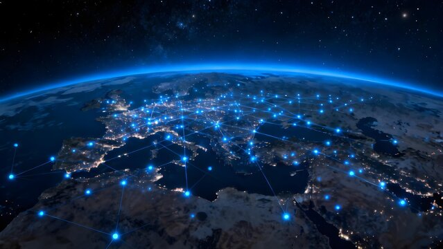 Earth from space at night with illuminated cities and connected network nodes