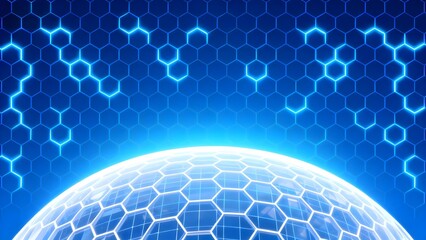 Futuristic blue hexagonal grid pattern with glowing sphere and digital network background