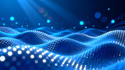 Abstract blue digital wave pattern with glowing particles and light effects