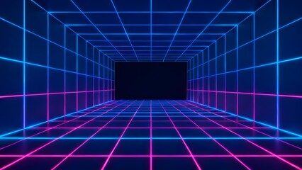 Neon grid tunnel with blue and pink lines forming a futuristic corridor