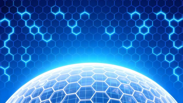 Futuristic blue hexagonal grid pattern with glowing sphere and digital network background