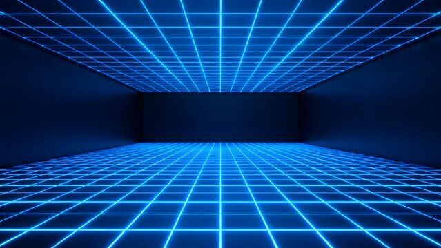 Blue neon grid pattern in a futuristic digital space with glowing lines on floor and ceiling