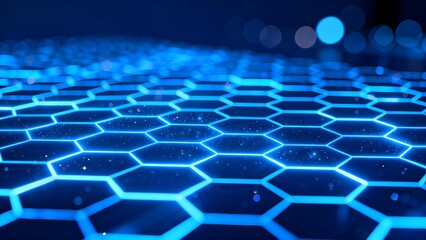 Blue hexagonal grid pattern with glowing lines and bokeh effect in a futuristic technological setting