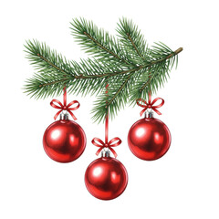 Fototapeta premium delicate watercolor illustration of three glossy red christmas baubles suspended by thin satin ribbons from a lush green fir branch, isolated on white. Festive christmas decoration concept