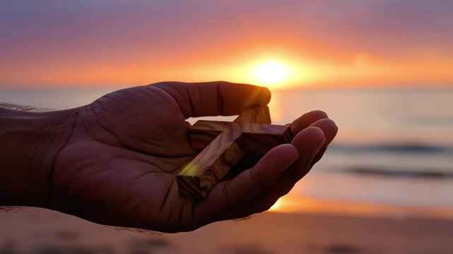 Hand holding small wooden cross silhouette against vibrant ocean sunset with glowing sun on horizon